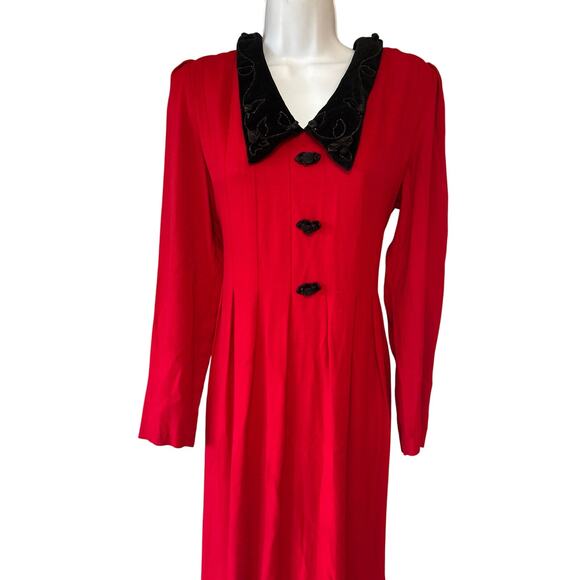 J.B.S.LTD. Red Holiday Evening Dress, Christmas Red/Blk Velvet Collar,Women’s 10 - Picture 2 of 8